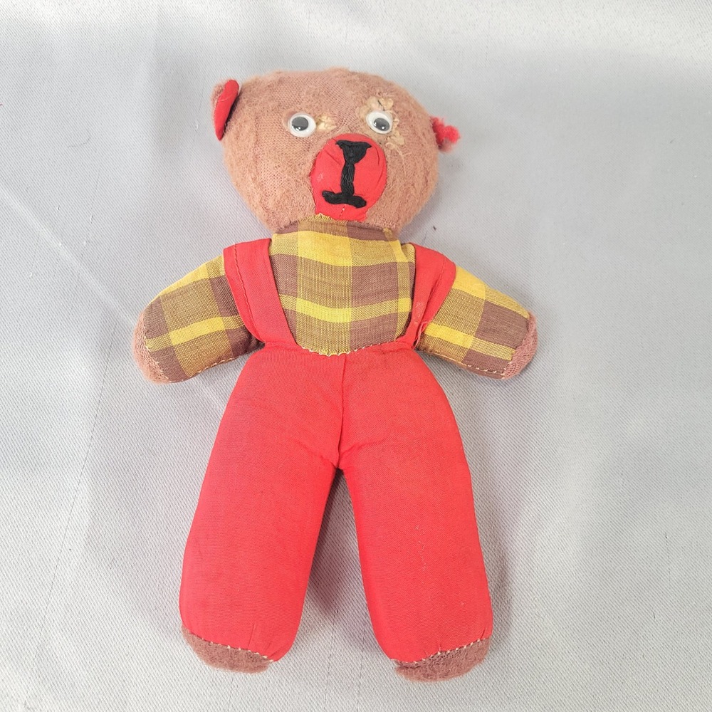 Handmade Vintage Teddy Bear Red Yellow Plaid Overalls Googly Eyes 9.5in